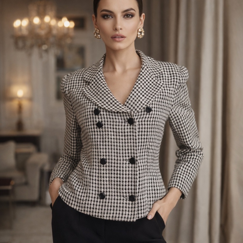 Giorgio Armani Off White Black Houndstooth Double Breasted Blazer Jacket Size 8